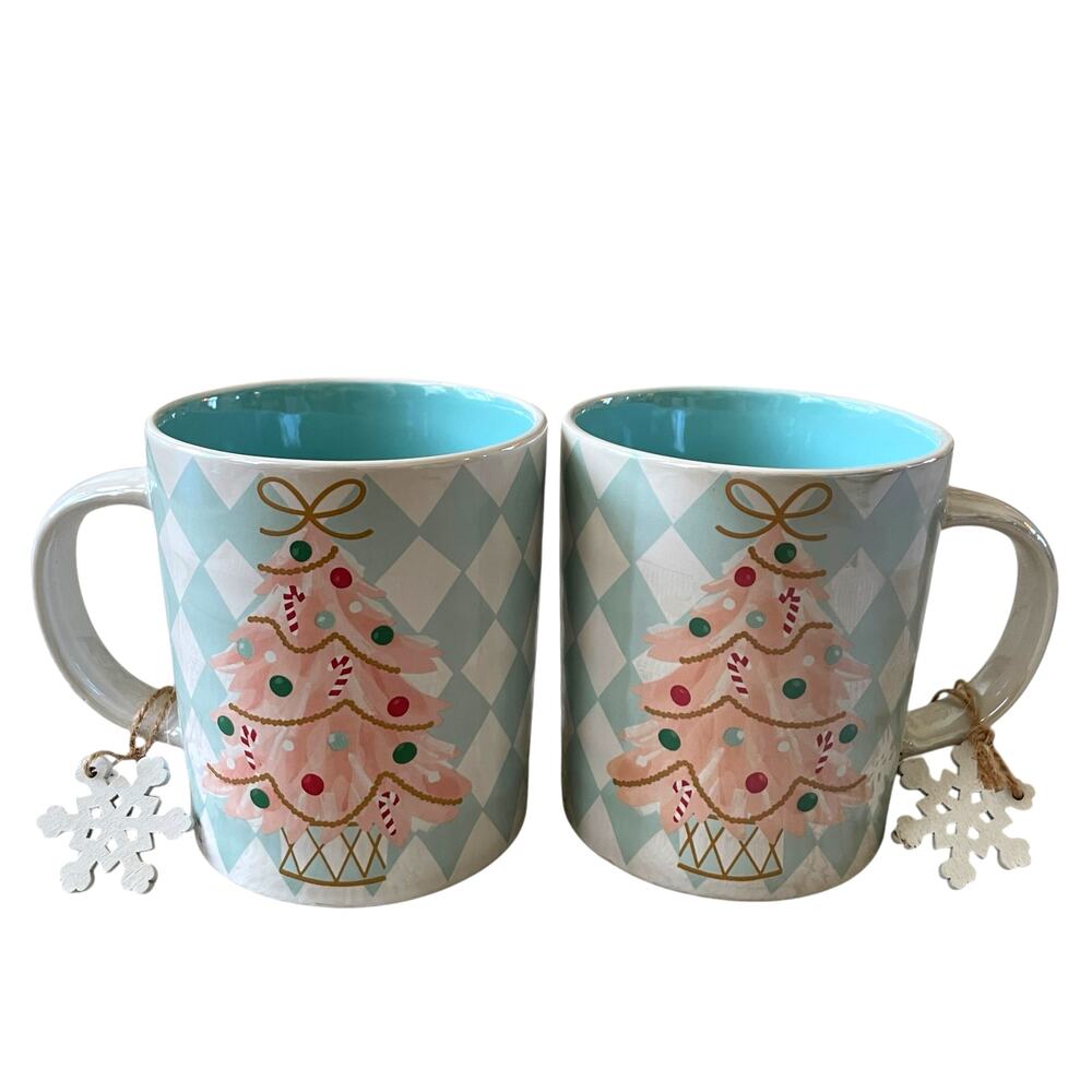 2pc Prima Design Harlequin Pink Christmas Tree Mugs Pearlescent Blue White NEW